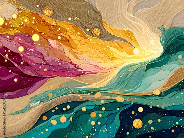 Obraz vibrant and abstract scene featuring flowing, translucent fabrics in shades of gold and brown, adorned with colorful, glowing spheres scattered throughout the space. The background is a gradient