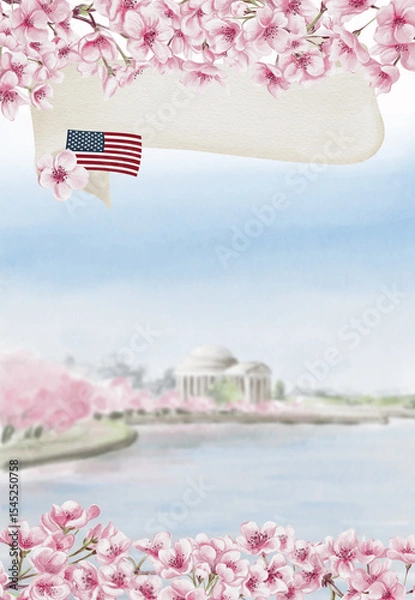 Obraz Cherry Blossom Festival in Washington DC. Jefferson Memorial during sakura.Lake with pink trees in the background. Postcard or template background. Watercolor illustration. Hand drawing.