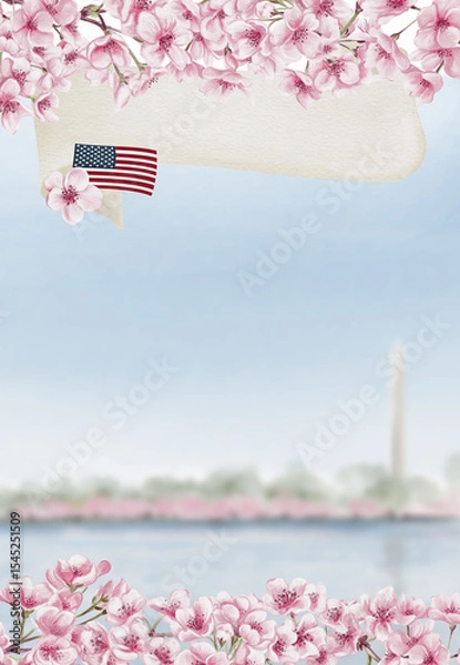 Obraz Cherry Blossom Festival in Washington DC. Jefferson Memorial during sakura.Lake with pink trees in the background. Postcard or template background. Watercolor illustration. Hand drawing.