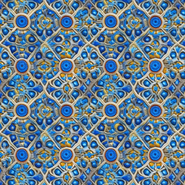 Fototapeta Intricate Blue and Yellow Crocheted Textile with Geometric Patterns