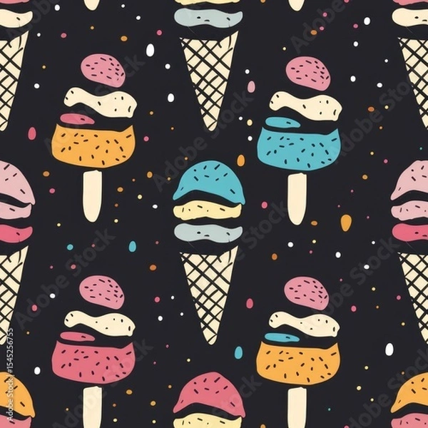 Fototapeta Ice cream cones and popsicles pattern on a black background