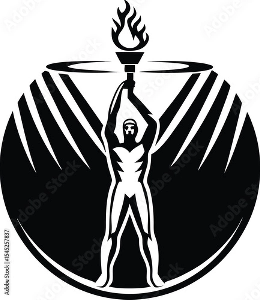 Fototapeta Athlete holding a flaming torch in a stylized black and white circular design symbolizing victory triumph and illumination
