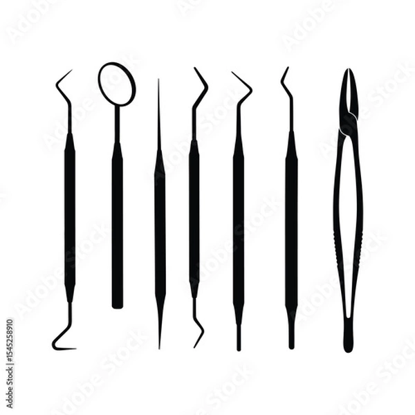 Obraz Dental Instruments Set Black Silhouette Icons of Dentist Tools  including Mirror Probes and Tweezers