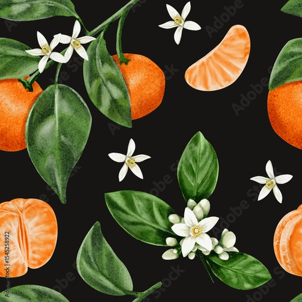 Obraz Seamless pattern with tangerines. White citrus flowers. Orange fruits. Branches with leaves and tangerine fruits. Watercolor illustration without background. Hand drawing.