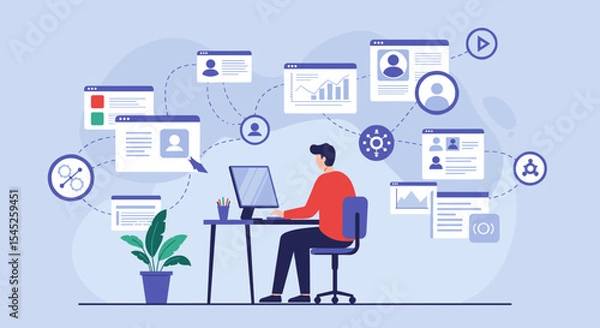 Obraz Flat Vector Of A digital illustration depicting a person sitting at a desk in front of a computer