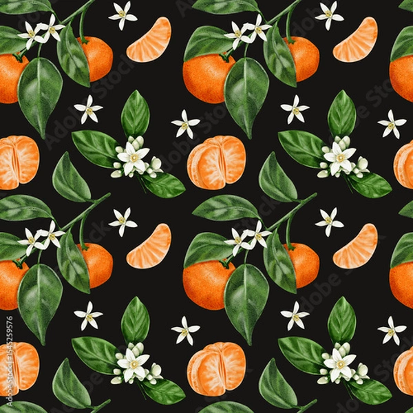 Obraz Seamless pattern with tangerines. White citrus flowers. Orange fruits. Branches with leaves and tangerine fruits. Watercolor illustration without background. Hand drawing.