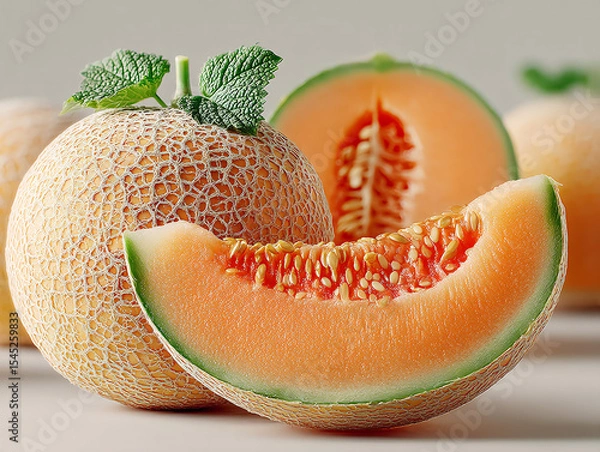 Fototapeta few pieces of cantaloupe melon with a slice in the foreground, revealing the orange flesh and seeds inside. The melons have a distinctive netted skin.