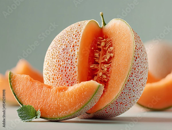 Obraz few pieces of cantaloupe melon with a slice in the foreground, revealing the orange flesh and seeds inside. The melons have a distinctive netted skin.