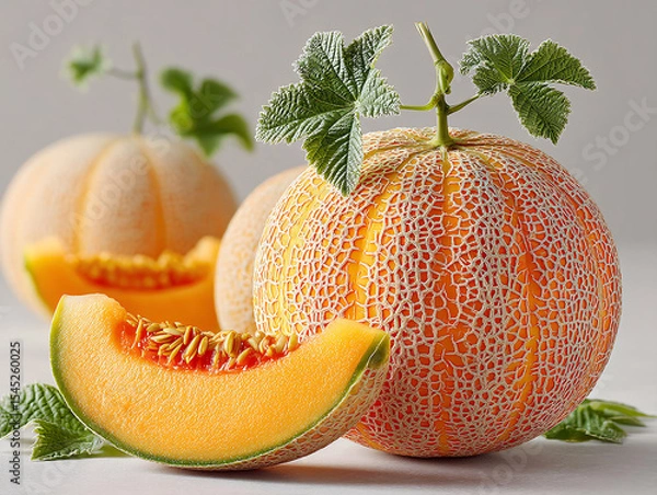 Obraz few pieces of cantaloupe melon with a slice in the foreground, revealing the orange flesh and seeds inside. The melons have a distinctive netted skin.