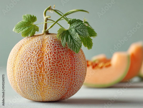 Fototapeta few pieces of cantaloupe melon with a slice in the foreground, revealing the orange flesh and seeds inside. The melons have a distinctive netted skin.