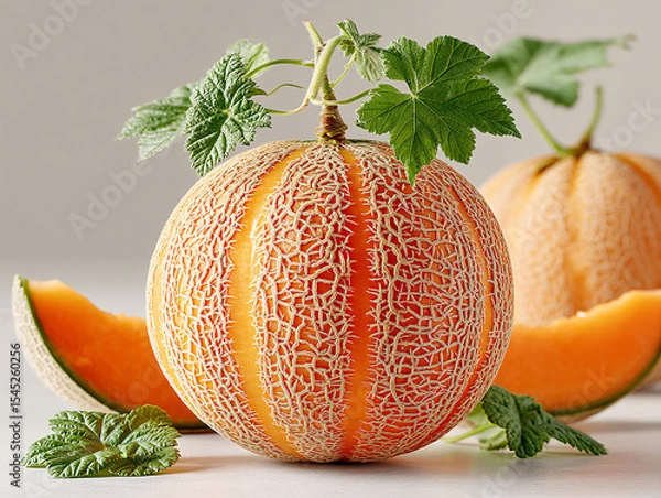 Obraz few pieces of cantaloupe melon with a slice in the foreground, revealing the orange flesh and seeds inside. The melons have a distinctive netted skin.