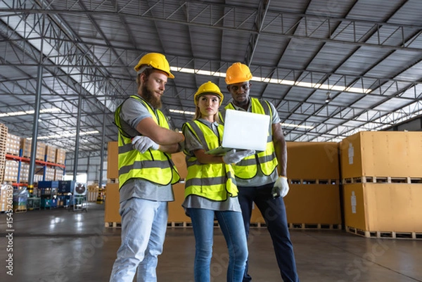 Obraz Diversity warehouse distribution workers working together in logistic warehouse 