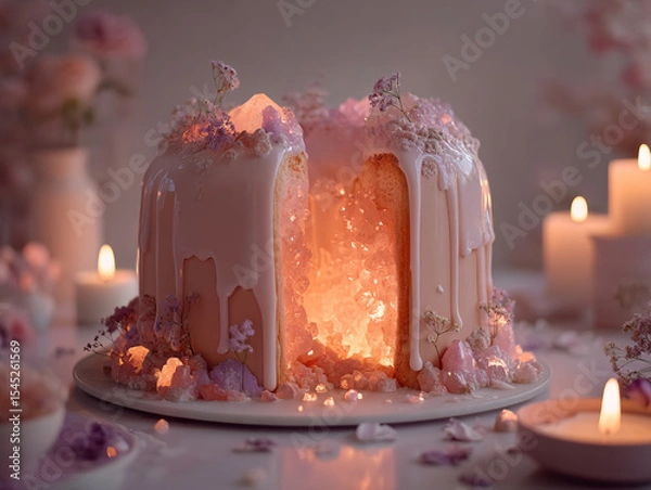 Fototapeta beautifully decorated cake with a pink and white glaze, adorned with crystals and flowers. The cake is surrounded by candles and flowers, creating a warm and ethereal atmosphere.