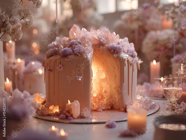 Fototapeta beautifully decorated cake with a pink and white glaze, adorned with crystals and flowers. The cake is surrounded by candles and flowers, creating a warm and ethereal atmosphere.