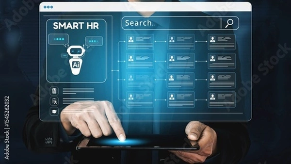 Obraz Smart HR system using AI and digital platforms for efficient recruitment, talent analytics, employee engagement, and workforce management in modern organizations. Muxer