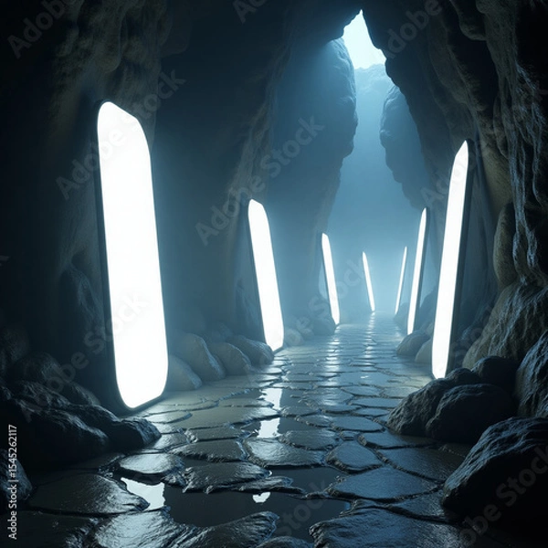 Fototapeta cave, illuminated path, stone floor, surreal lighting, glowing panels, fantasy cave, 