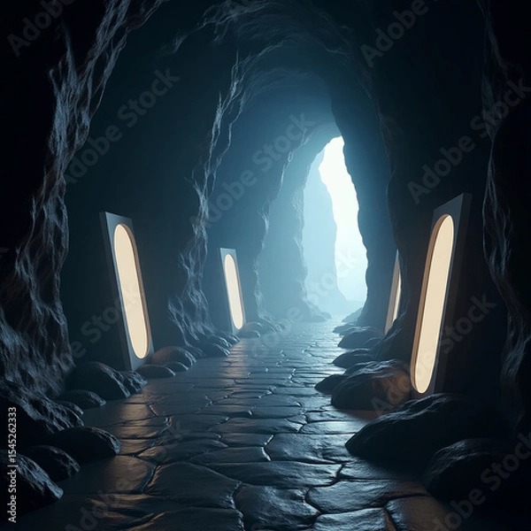 Fototapeta cave, illuminated path, stone floor, surreal lighting, glowing panels, fantasy cave, 
