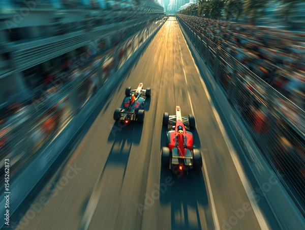 Fototapeta two Formula One race cars in motion on a track, with a blurred effect capturing the speed and movement of the vehicles. The cars are racing close to each other