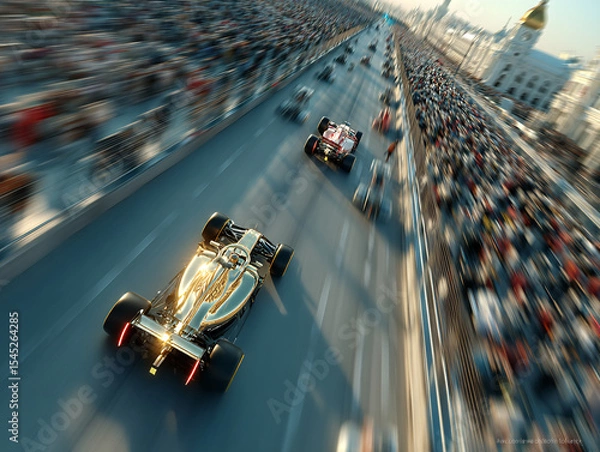 Fototapeta high-speed race track with two Formula 1 cars racing, one in white with red accents and the other in gold, surrounded by urban buildings and a blurred audience in the background.