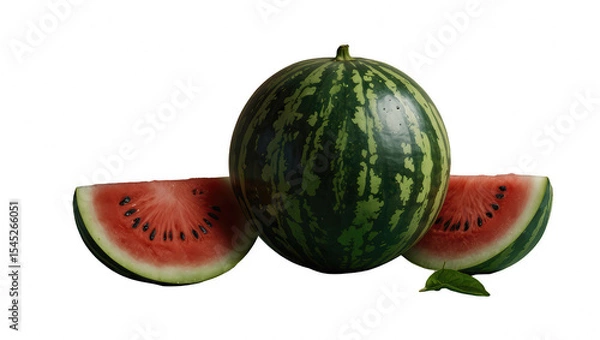 Fototapeta Whole watermelon and sliced pieces on white background  