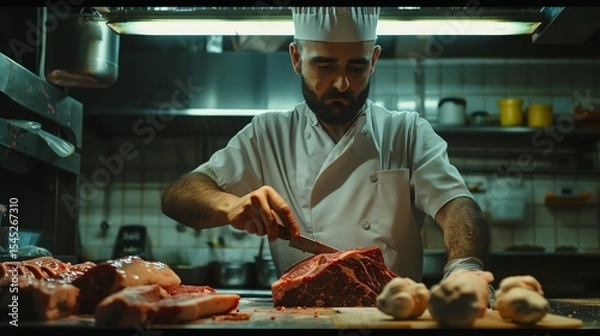 Fototapeta A chef wearing a white uniform and hat is expertly slicing a large cut of meat on a wooden cutting board.