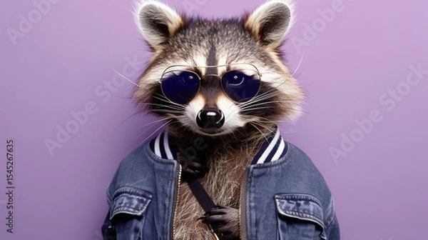 Fototapeta A raccoon wearing a denim jacket and sunglasses is standing on a purple background. The raccoon is looking at the camera with a curious expression.