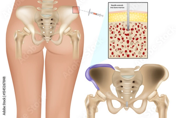 Obraz Bone Marrow Aspiration Procedure from Posterior Iliac Crest. Medical Illustration of Bone Marrow Biopsy Site in Pelvic Bone. Bone Marrow Extraction Technique