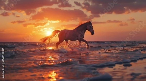 Fototapeta é§¿é¦¬åœ¨æµ·é‚Šå¥”è·‘ï¼Œæ¿€èµ·æ°´èŠ±ã€‚å¤•é™½è¥¿ä¸‹ï¼Œæµ·é¢æ³¢å…‰ç²¼ç²¼ã€‚