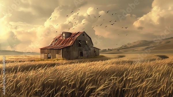 Fototapeta A lonely barn stands in a field of wheat. The setting sun casts a warm glow over the scene. A flock of birds flies overhead.