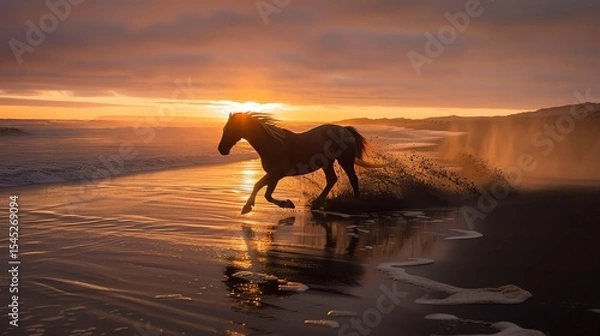 Fototapeta Wild horse running free on the beach at sunset with the sun creating a beautiful golden reflection on the wet sand and water.