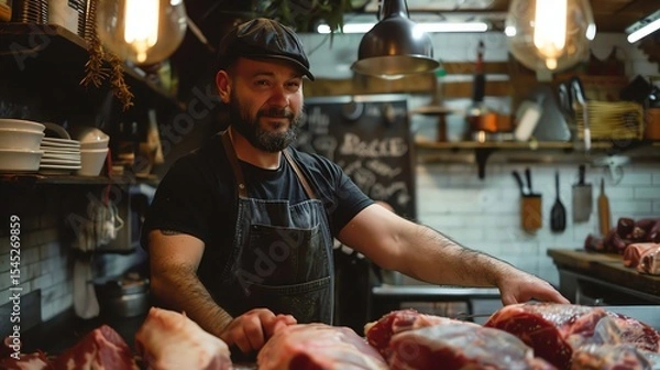 Fototapeta A butcher wearing a black apron and cap stands behind a counter in a butcher shop. He is surrounded by sides of beef and pork.