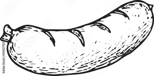 Fototapeta A hand-drawn black-and-white sketch of a raw sausage link, with textured casing and meat, ideal for deli displays, meat processing art, or sausage recipe illustrations