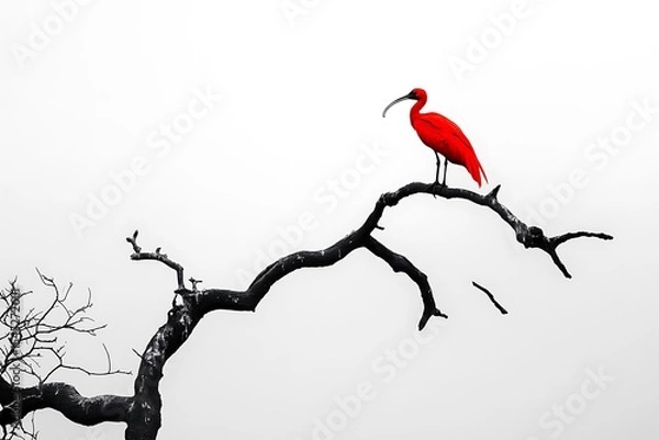 Obraz Scarlet ibis perched atop barren branches creates a strikingly vivid contrast against the stark white sky