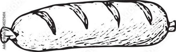 Obraz A hand-drawn black-and-white sketch of a raw sausage link, with textured casing and meat, ideal for deli displays, meat processing art, or sausage recipe illustrations