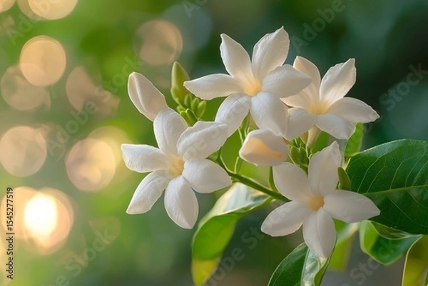 Fototapeta A night-blooming jasmine in the courtyard, with soft petals and a gentle background