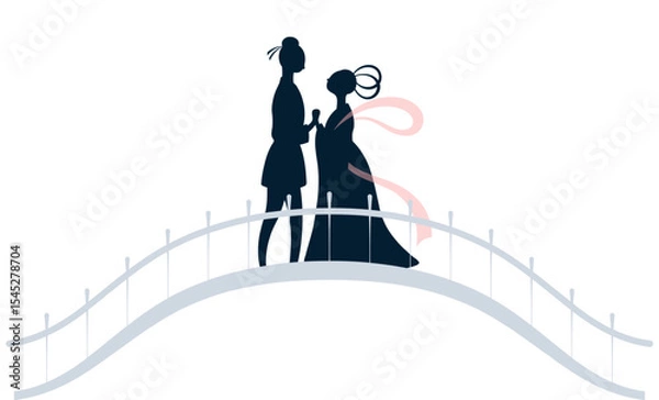 Obraz Qixi Festival, Tanabata lovers meeting on magpie bridge silhouette illustration, isolated vector. Hand drawn flat style design. Traditional Chinese holiday clip art element. China Valentines Day