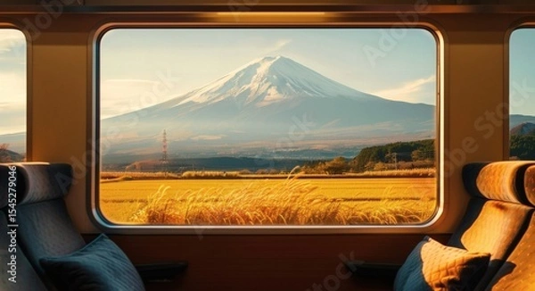 Fototapeta The shinkansen races across the vast fields, with golden rice paddies and distant mount fuji flashing by outside the window