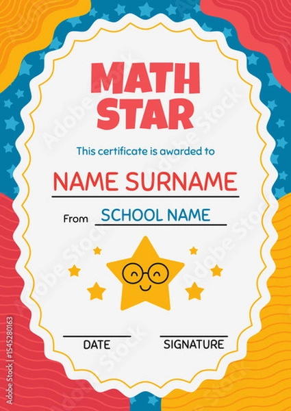 Fototapeta Printable A4 certificate template for math award with smiling star. Kids diploma, svg format