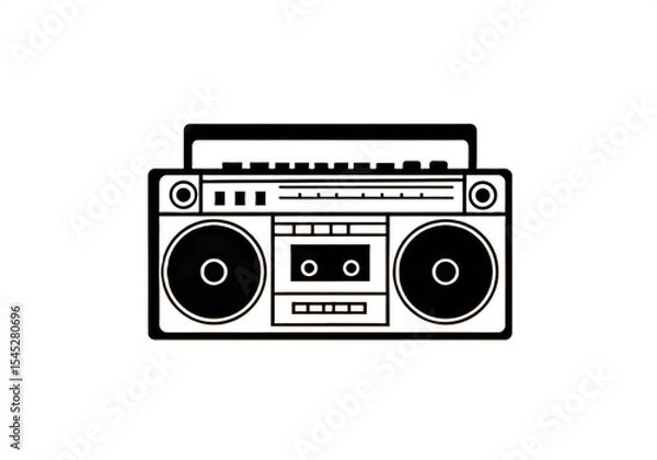 Fototapeta A black and white illustration of a boombox with a cassette player and two speakers on a white background