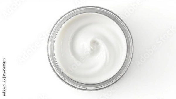 Fototapeta Top down view of a clear jar filled with smooth, creamy white substance on a white background