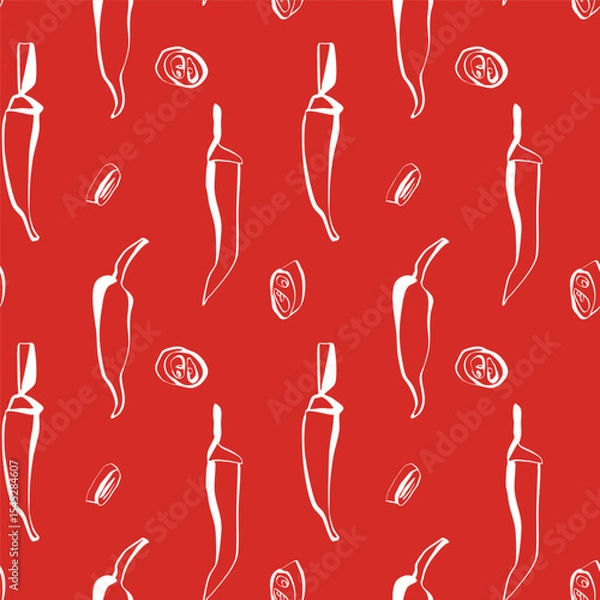 Fototapeta Hand drawn chili peppers and slices seamless pattern with white lines on red background for food packaging and surface design