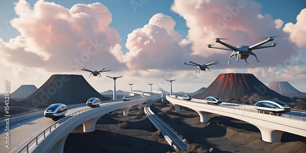 Fototapeta Futuristic landscape featuring sleek cars and drones navigating