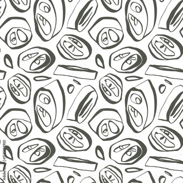 Fototapeta White jalapeno slices seamless pattern with hand drawn lines on warm green background for surface design and product packaging