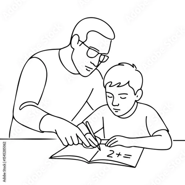Fototapeta Father helping son with math homework while studying together  