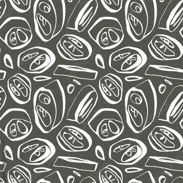 Fototapeta Jalapeno pepper slices seamless pattern with white line art on warm green background for kitchen textile and packaging design