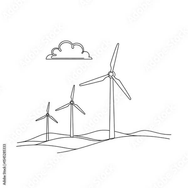 Fototapeta Line drawing of wind turbines on rolling hills with a cloud in the sky minimalist illustration