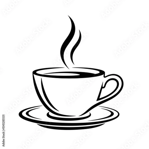 Fototapeta A simple black and white line drawing of a steaming cup of coffee on a saucer with a handle design