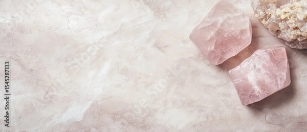 Fototapeta Beautiful rose quartz crystals on a soft surface