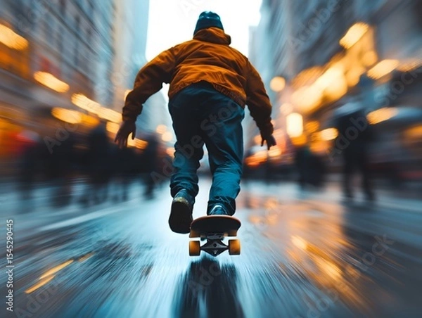 Fototapeta A skateboarder navigates through the streets, with urban architecture and crowds in the background