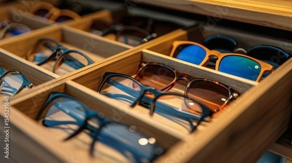 Fototapeta In the drawer of a wardrobe, several pairs of glasses are neatly arranged